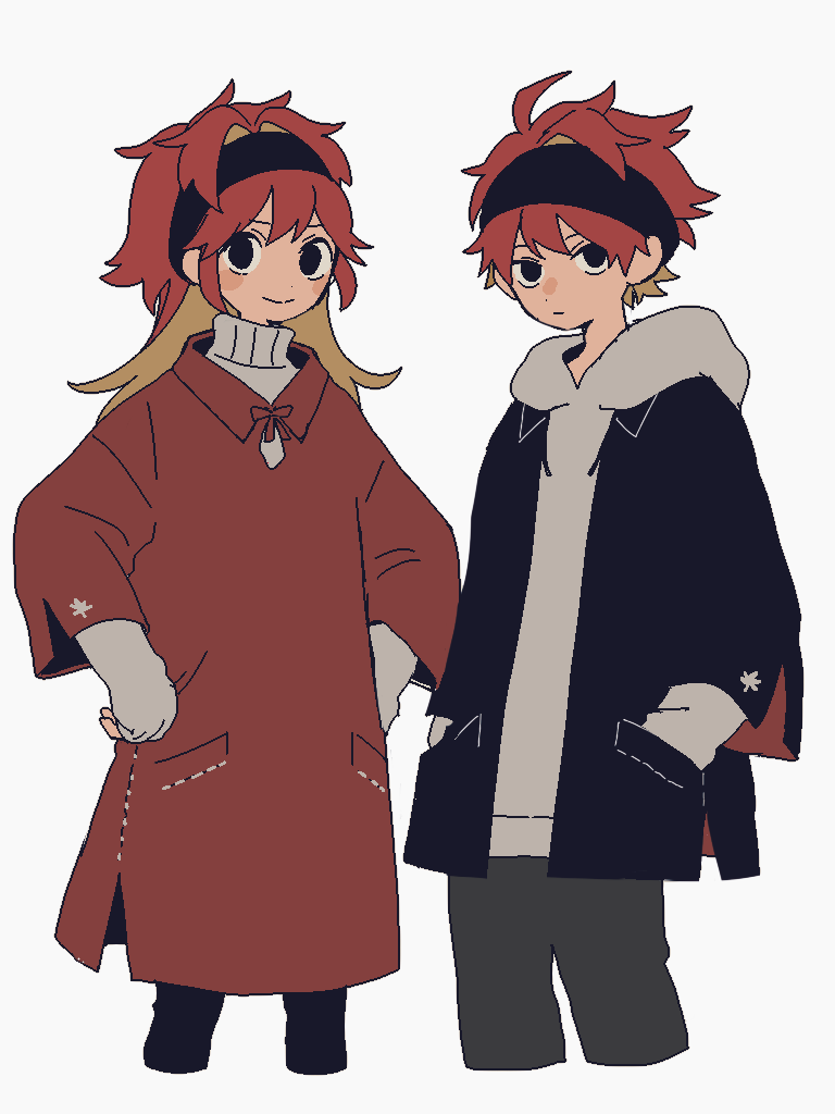 1boy 1girl black_eyes blonde_hair blush_stickers coat expressionless hair_intakes hands_in_pockets hands_on_own_hips headband high_collar hood hood_down hoodie jacket long_hair long_sleeves looking_at_viewer maco22 orange_hair original smile turtleneck