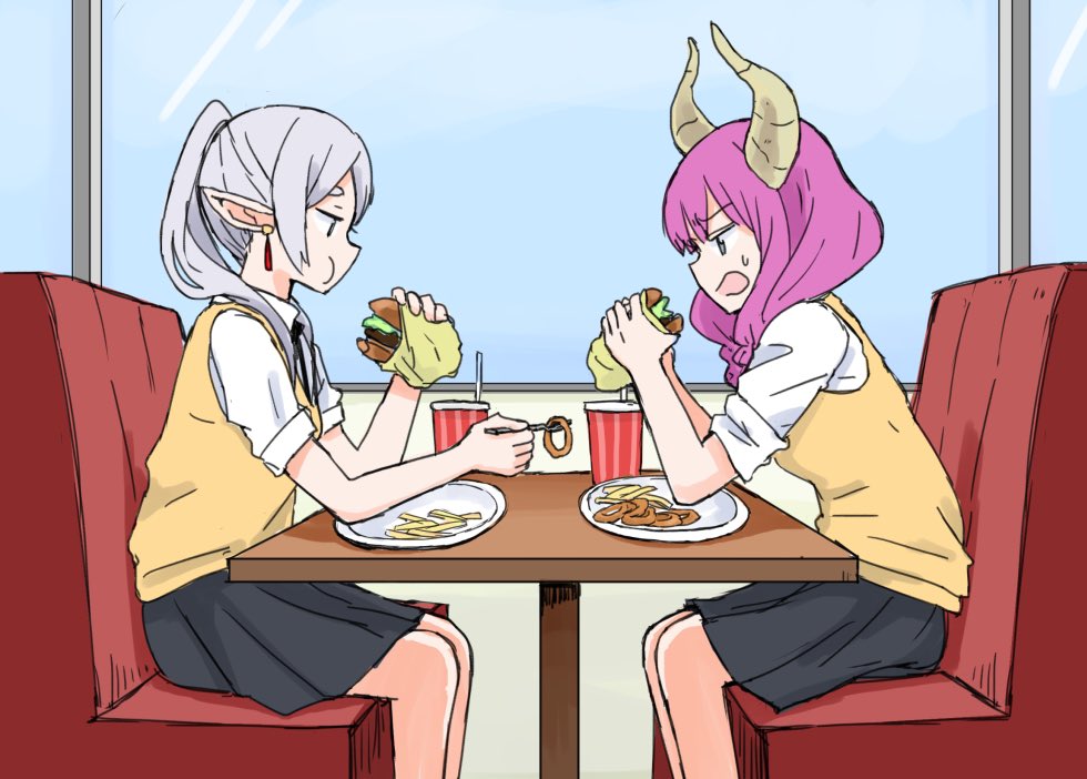 2girls alternate_universe aura_(sousou_no_frieren) booth_seating braid burger cup demon demon_girl demon_horns disposable_cup ear_piercing eating elf food food_theft french_fries frieren holding holding_burger holding_food horns long_hair multiple_girls mutsu_(layergreen) onion_rings piercing pleated_skirt pointy_ears purple_eyes purple_hair restaurant school_uniform shirt sitting skirt soda sousou_no_frieren sweat sweatdrop thick_eyebrows twintails uniform vest white_hair white_shirt yellow_vest