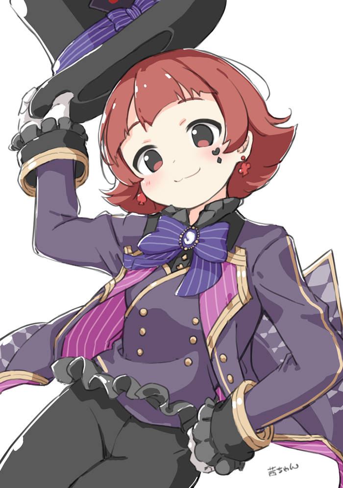 1girl black_pants blunt_bangs blush breasts buttons character_name closed_mouth cowboy_shot dot_nose earrings flipped_hair frilled_sleeves frills gloves hand_on_own_hip hat heart_stickers holding holding_clothes holding_hat idolmaster idolmaster_million_live! idolmaster_million_live!_theater_days jacket jewelry kuresuku_(lessons) long_sleeves looking_at_viewer nonohara_akane official_alternate_costume open_clothes open_hand open_jacket pants purple_jacket purple_ribbon red_eyes red_hair ribbon short_hair sidelocks simple_background small_breasts smile solo sticker_on_face top_hat white_background white_gloves