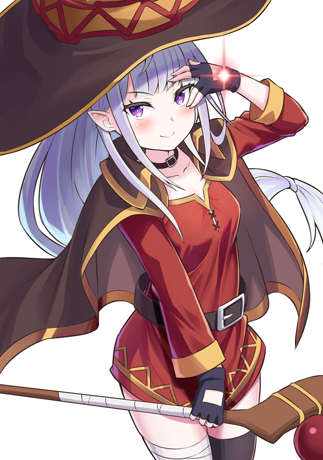 1girl bandaged_leg bandages belt belt_collar black_cape black_thighhighs blush breasts brown_belt cape chuunibyou collar cosplay cowboy_shot dress elf emilia_(re:zero) fingerless_gloves gloves grey_hair hand_over_eye hat holding holding_staff long_hair looking_at_viewer mage_staff megumin megumin_(cosplay) pointy_ears purple_eyes re:zero_kara_hajimeru_isekai_seikatsu red_dress s_(hdru2332) short_dress single_thighhigh smile solo staff takahashi_rie thighhighs thighs voice_actor_connection white_background white_hair witch_hat