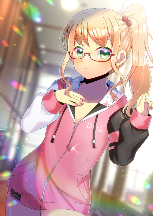 1girl asymmetrical_sleeves blonde_hair blurry blurry_background closed_mouth collarbone commentary_request commission day depth_of_field drawstring glasses green_eyes hair_bobbles hair_ornament hands_up hinomiya_niho hood hood_down hooded_jacket indoors jacket kou_hiyoyo long_hair long_sleeves mismatched_sleeves pink_jacket puffy_long_sleeves puffy_sleeves red-framed_eyewear school_girl_strikers semi-rimless_eyewear side_ponytail skeb_commission sleeves_past_wrists solo under-rim_eyewear window