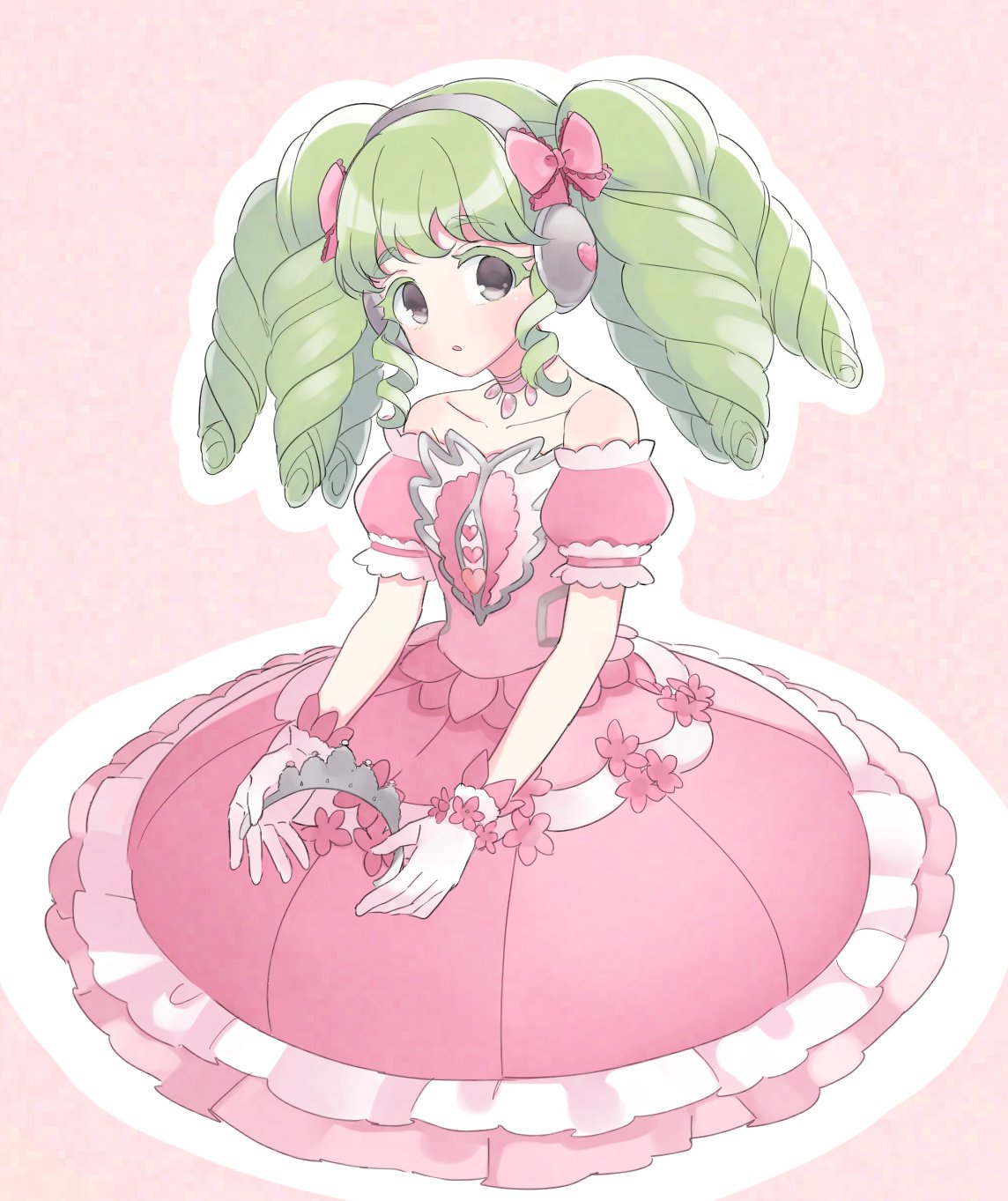 1girl bad_id bad_twitter_id bow colored_eyelashes commentary_request dress falulu frilled_dress frills gloves green_hair grey_eyes hair_bow headphones highres holding_tiara idol_clothes inactive_account long_hair looking_at_viewer open_mouth pink_background pink_bow pink_dress pretty_series pripara puffy_short_sleeves puffy_sleeves shiyurinpu short_sleeves sidelocks sitting solo tiara twintails white_gloves