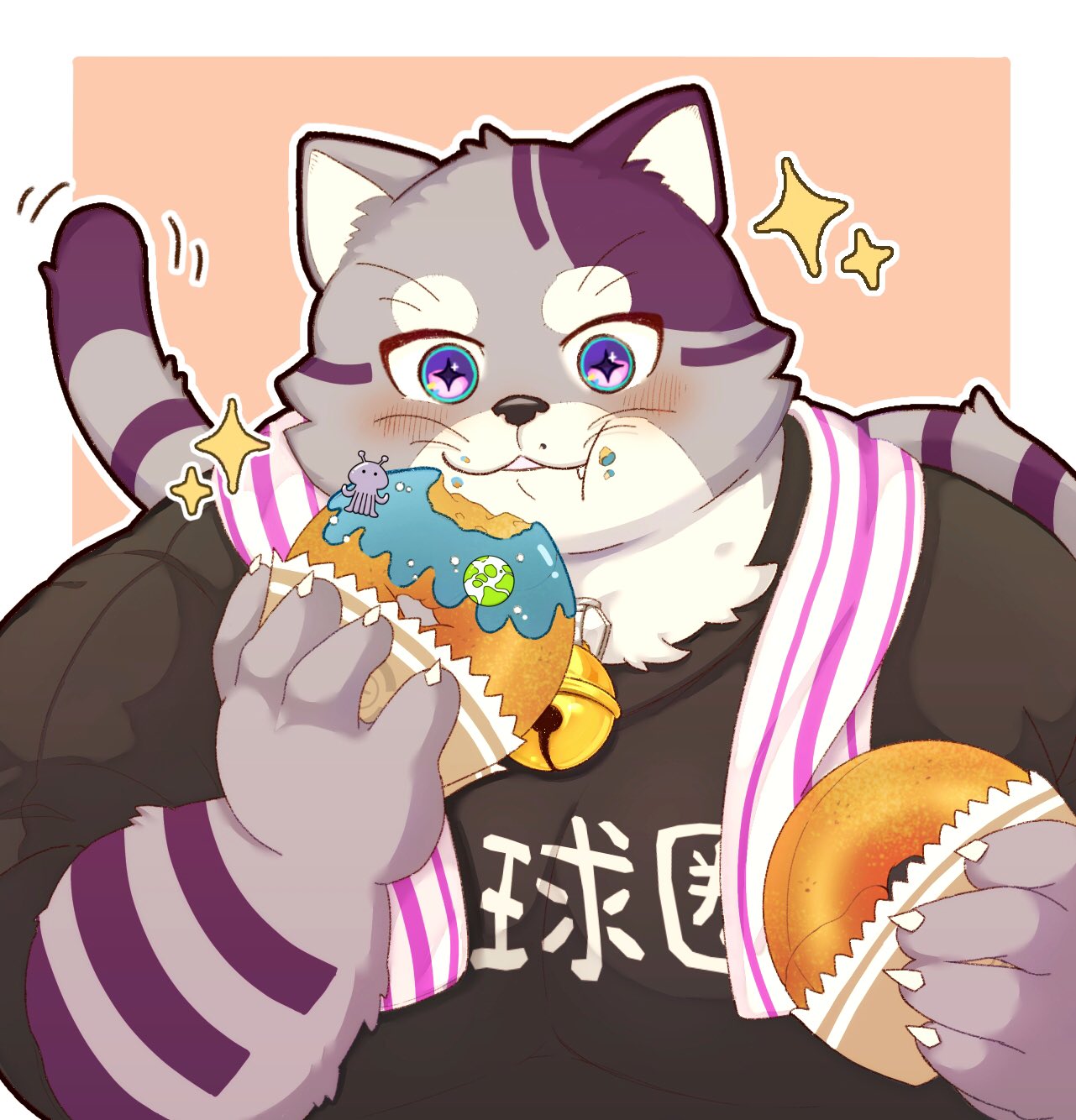 anthro bell bell_collar blush bygul collar dessert domestic_cat doughnut eating eyebrows felid feline felis food fur hara_hara_surum hi_res lifewonders live_a_hero male mammal overweight purple_body purple_eyes purple_fur smile solo striped_body stripes thick_eyebrows