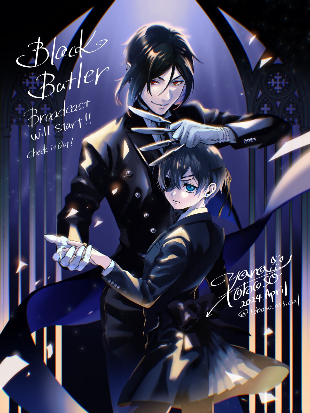 2024 2boys age_difference artist_name back_bow bishounen black_coat black_hair black_jacket black_necktie black_suit blue_eyes blue_hair bow buttons ciel_phantomhive closed_mouth coat collared_shirt dark_blue_hair english_text eyepatch gloves hair_over_one_eye height_difference highres holding holding_hands holding_knife jacket knife kuroshitsuji male_focus multiple_boys necktie official_art red_eyes sebastian_michaelis shirt short_hair signature smirk suit throwing_knife toboso_yana twitter_username weapon white_gloves white_shirt