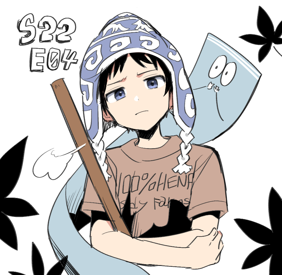 1boy black_hair blue_eyes chullo cropped_torso crossed_arms episode_number haizai looking_at_viewer male_focus marijuana shirt short_hair short_sleeves south_park stan_marsh t-shirt towelie