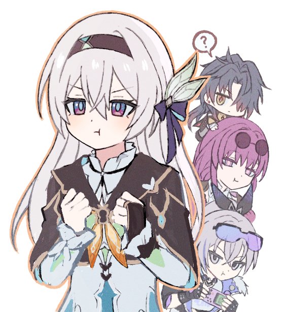 1boy 3girls ? black_gloves black_hair black_hairband blade_(honkai:_star_rail) breasts collared_shirt cropped_jacket eyewear_on_head fingerless_gloves firefly_(honkai:_star_rail) gloves grey_eyes grey_hair hair_between_eyes hair_ornament hair_over_one_eye hairband handheld_game_console holding holding_handheld_game_console honkai:_star_rail honkai_(series) kafka_(honkai:_star_rail) long_hair long_sleeves medium_breasts multiple_girls pout purple-tinted_eyewear purple_eyes purple_hair red_eyes ribbon shirt silver_wolf_(honkai:_star_rail) sunglasses tinted_eyewear two-tone_eyes upper_body white_background yz0jbmdrhuhvtee