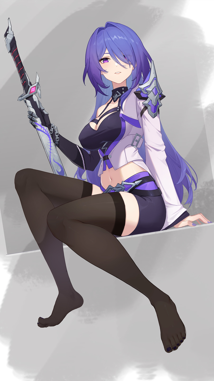 1girl acheron_(honkai:_star_rail) black_shorts black_thighhighs breasts cleavage commentary_request crop_top cropped_jacket gangjin hair_intakes hair_over_one_eye highres holding holding_sword holding_weapon honkai:_star_rail honkai_(series) jacket katana long_hair long_sleeves looking_at_viewer medium_breasts midriff navel no_shoes parted_lips purple_eyes purple_hair scabbard sheath sheathed short_shorts shorts single_bare_shoulder sitting solo sword thighhighs thighs very_long_hair weapon white_jacket