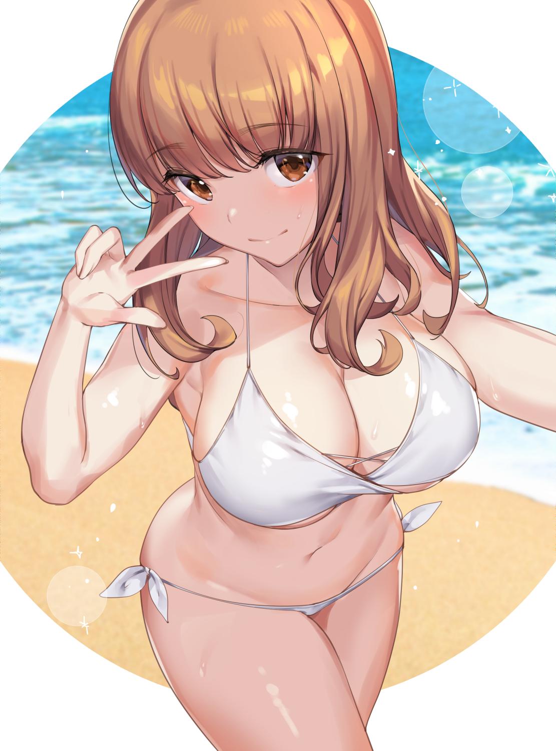 1girl armpits banned_artist bare_arms bare_shoulders beach bikini breasts brown_eyes brown_hair cleavage closed_mouth collarbone commentary_request cowboy_shot girls_und_panzer halterneck hand_up highres icomochi large_breasts long_hair looking_at_viewer navel selfie side-tie_bikini_bottom smile solo stomach string_bikini swimsuit takebe_saori thighs w water wet white_bikini