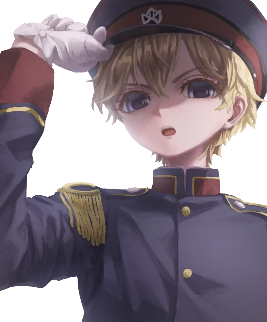 1boy adjusting_clothes adjusting_headwear blonde_hair epaulettes gloves hand_up kiyomiya_tenryu long_sleeves looking_at_viewer male_focus polye solo uniform upper_body white_background white_gloves witch_watch