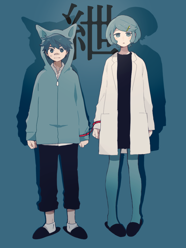 1boy 1girl animal_ear_hood bandaid bandaid_on_face bandaid_on_nose blue_background blue_eyes blue_hair cuffs full_body handcuffs hood hood_up hoodie lab_coat long_sleeves maco22 original pants pantyhose parted_lips shadow short_hair slippers socks sweat translation_request