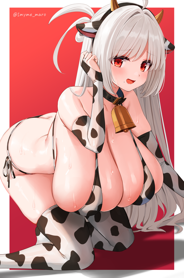 1girl all_fours animal_ears animal_print bare_shoulders bell bikini black_collar breasts bridal_gauntlets cleavage collar commission cow_ears cow_horns cow_print cow_print_bikini fake_animal_ears fake_horns foot_out_of_frame horns huge_breasts long_hair looking_at_viewer marota mole mole_under_mouth open_mouth original print_bikini red_background red_eyes side-tie_bikini_bottom sideboob skeb_commission smile swimsuit thighhighs twitter_username white_hair