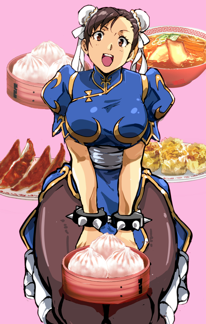 1girl blue_dress boots bowl bracelet breasts brown_eyes brown_hair brown_pantyhose bun_cover china_dress chinese_clothes chinese_food chun-li clothes_lift commentary_request double_bun dress food food_request gold_trim hair_bun jewelry kamisimo_90 looking_at_viewer medium_breasts open_mouth pantyhose pelvic_curtain pink_background plate puffy_sleeves sash seiza sitting smile solo soup spiked_bracelet spikes street_fighter thighs