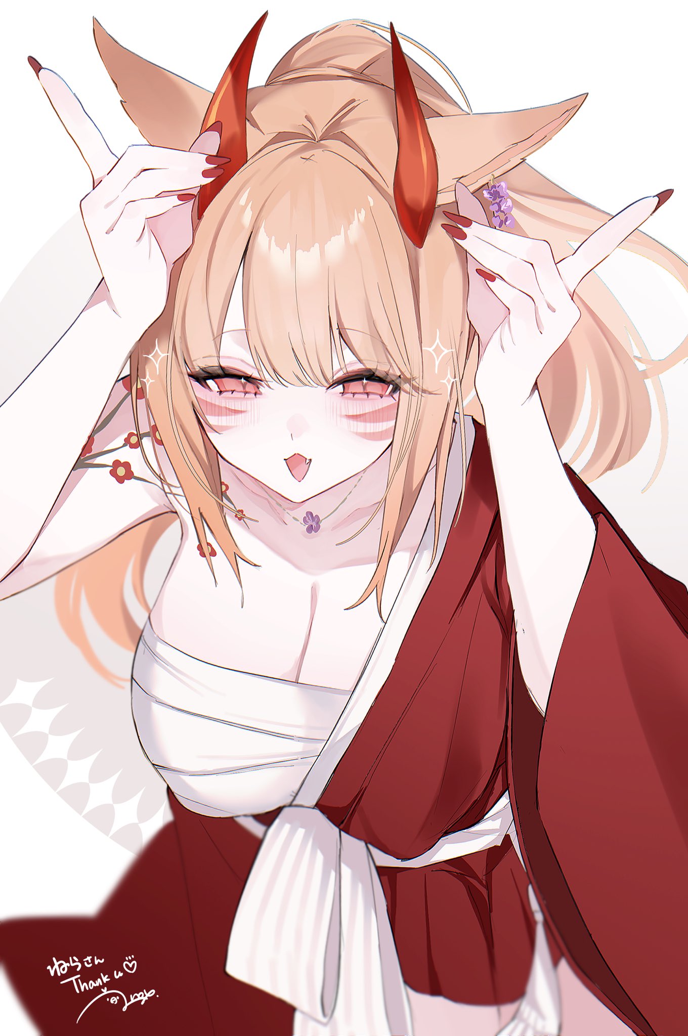 1girl anoyo_(anoyode0) blonde_hair breasts chest_sarashi cleavage facial_mark final_fantasy final_fantasy_xiv highres horns japanese_clothes jewelry kimono large_breasts long_hair looking_at_viewer miqo'te necklace open_mouth pink_eyes red_horns red_kimono sarashi shoulder_tattoo signature smile solo tattoo thank_you whisker_markings