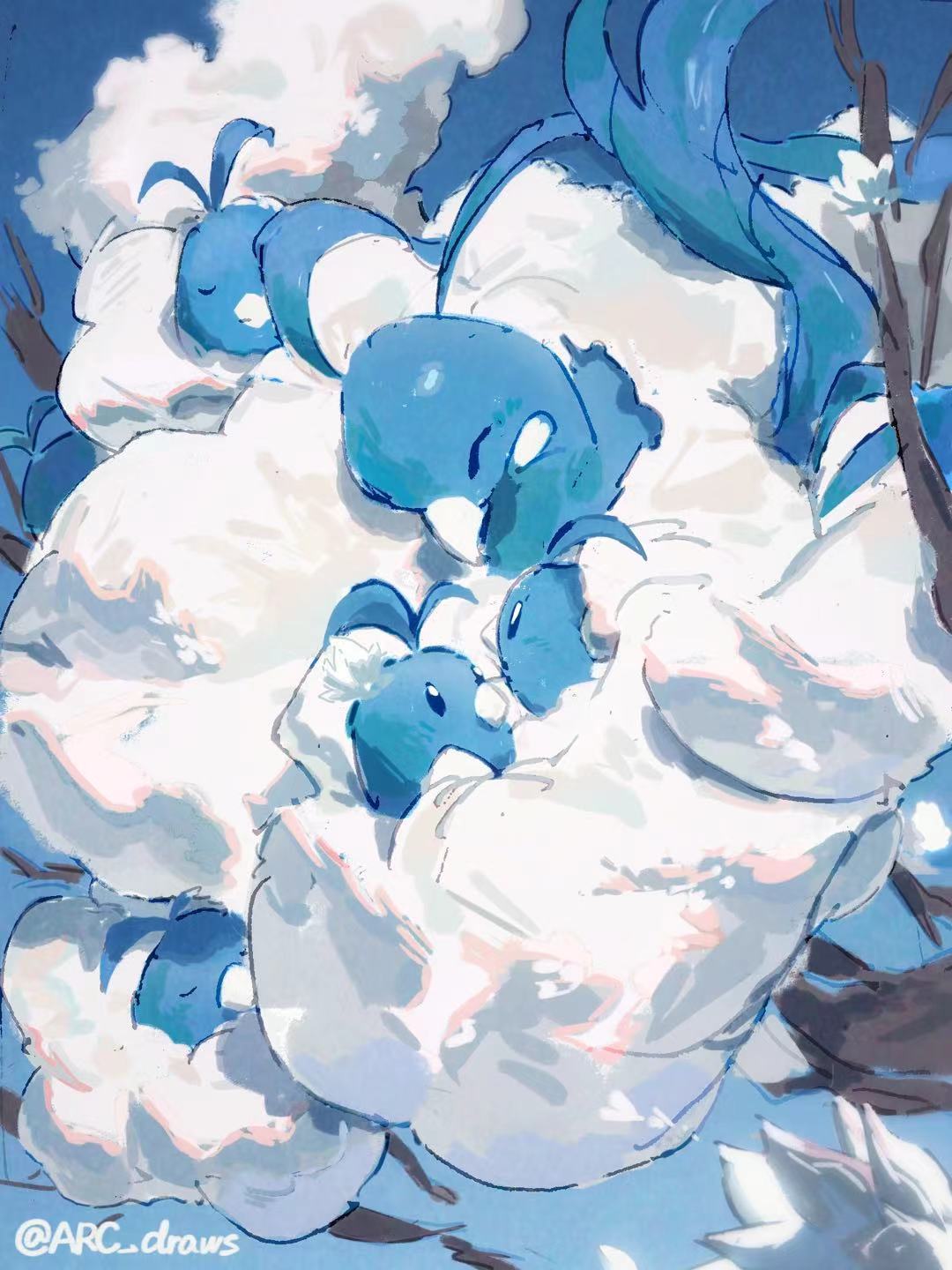 altaria arc_draws beak blue_skin closed_eyes colored_skin dragon evolutionary_line fluffy highres looking_at_another pokemon pokemon_(creature) swablu twitter_username