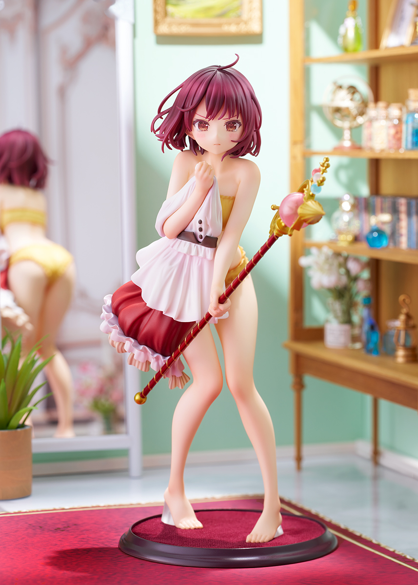 1girl :/ ass atelier_(series) atelier_sophie back barefoot blush body_blush bottle bra brown_bra brown_eyes brown_panties carpet chest_of_drawers cinderella_bust commentary_request drawer dress dressing embarrassed figure floating_hair full-length_mirror full_body hayashida_muneatsu highres holding holding_clothes holding_staff indoors looking_at_viewer mirror noco_(adamas) official_art panties photo_(medium) picture_frame plant potted_plant red_hair reflection short_hair solo sophie_neuenmuller staff standing strapless strapless_bra tears underwear underwear_only unworn_dress yellow_bra yellow_panties