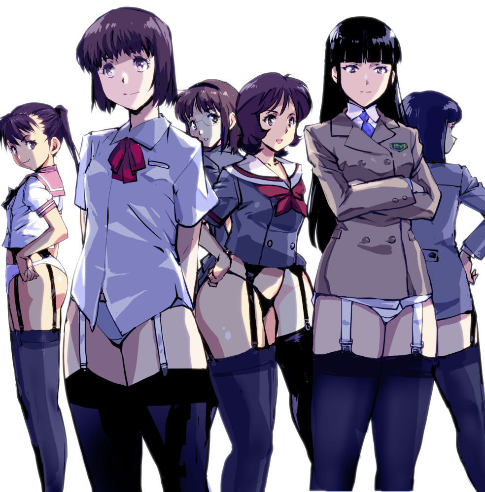 6+girls ass black_hair black_panties black_thighhighs blue_eyes blue_haired_girl_(kamisimo_90) bound_girl_(kamisimo_90) breasts brown_eyes brown_hair buttons commentary_request crossed_arms crotch_seam double-breasted garter_straps grey_jacket hairband headband_girl_(kamisimo_90) jacket kamisimo_90 lineup long_hair long_sleeves looking_at_viewer medium_breasts multiple_girls necktie no_shoes original panties ribbon school_uniform serafuku shirt short_hair short_sleeves simple_background smile standing thighhighs thighs tights_girl_(kamisimo_90) twintails twintails_girl_(kamisimo_90) underwear uniform white_background white_panties