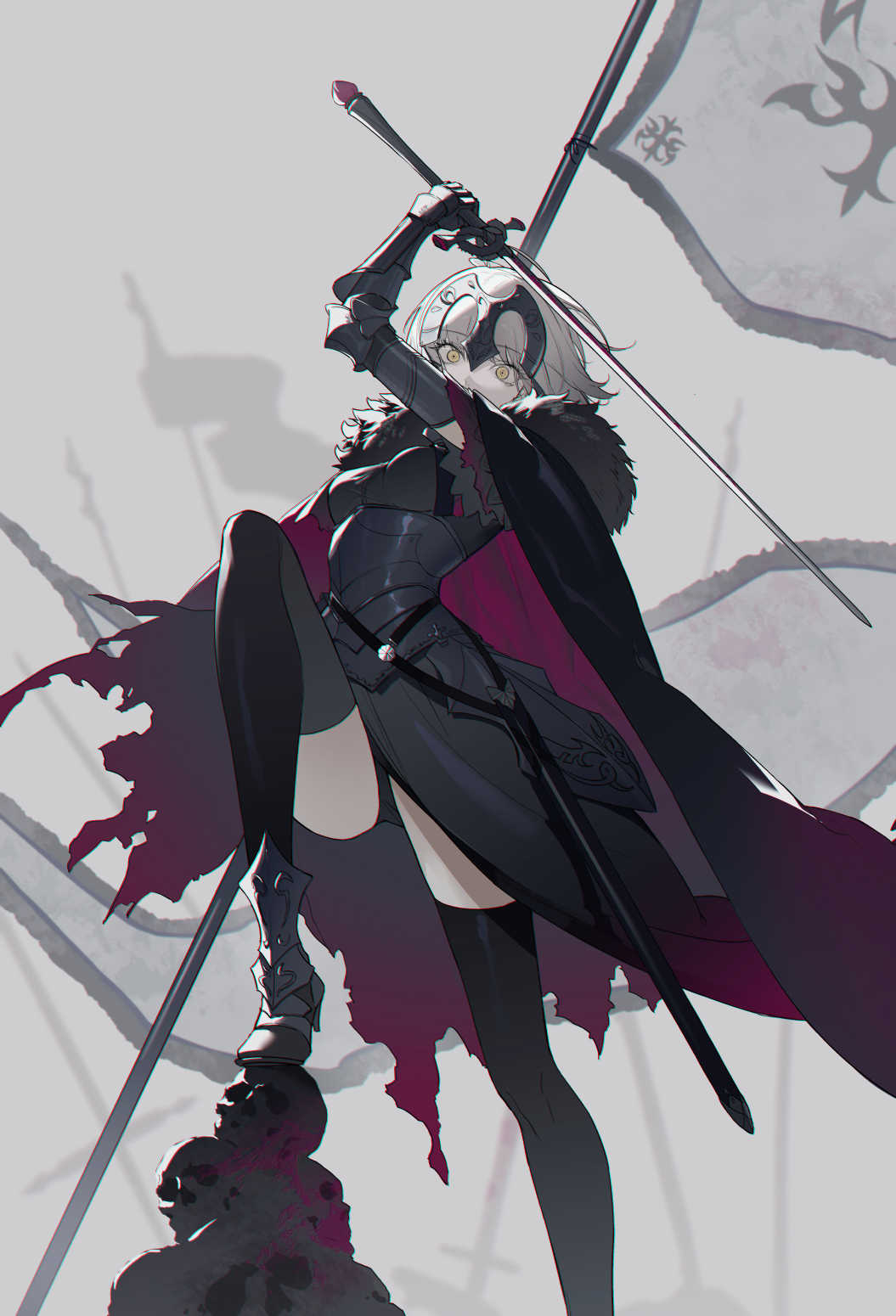 1girl ahoge armor armored_dress banner black_cape black_dress black_thighhighs breasts cape dress fate/grand_order fate_(series) faulds flag fur-trimmed_cape fur_trim gauntlets headpiece highres holding holding_flag jeanne_d'arc_alter_(avenger)_(fate) jeanne_d'arc_alter_(avenger)_(first_ascension)_(fate) jeanne_d'arc_alter_(fate) large_breasts looking_at_viewer nakamura_(wmfp3834) plackart short_hair smile solo standard_bearer sword thighhighs torn_cape torn_clothes weapon white_flag white_hair yellow_eyes