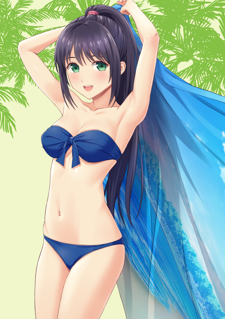 1girl armpits bangs banned_artist bare_arms bare_shoulders bikini black_hair blue_bikini breasts brown_background cleavage commentary_request eyebrows_hidden_by_hair front-tie_bikini_top front-tie_top green_eyes high_ponytail long_hair looking_at_viewer medium_breasts n.g. navel original ponytail simple_background solo strapless strapless_bikini swimsuit very_long_hair