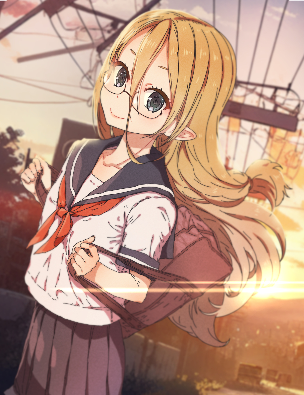 1girl backlighting bag blonde_hair blue_eyes closed_mouth elf elf-senpai_wa_xxxx_shitai glasses hair_between_eyes highres long_hair low-tied_long_hair outdoors ozzzzy pleated_skirt pointy_ears power_lines sailor_collar school_bag school_uniform semi-rimless_eyewear serafuku shane_el_rim skirt smile solo sun_glare sunset