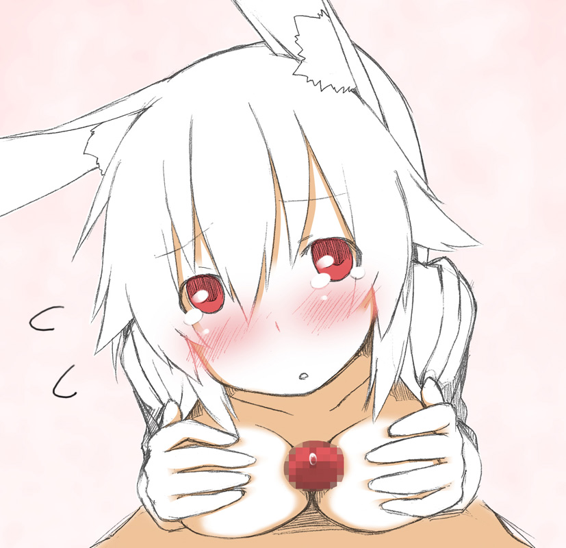 animal_ears blush breasts bunny_ears face graphite_(medium) looking_at_viewer looking_up majima_yuki medium_breasts mixed_media original paizuri partially_colored penis pov red_eyes simple_background sketch solo_focus tears traditional_media white_hair