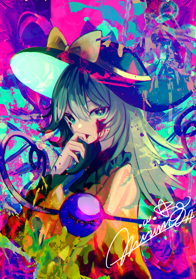 1girl abstract_background black_hat blood blood_on_face bow commentary_request eyebrows_hidden_by_hair eyelashes frilled_shirt_collar frilled_sleeves frills from_side green_eyes green_hair hair_between_eyes hand_up hat hat_bow heart heart_of_string komeiji_koishi licking licking_finger long_hair long_sleeves looking_at_viewer mirimo multicolored_background shirt signature solo star-shaped_pupils star_(symbol) symbol-shaped_pupils third_eye touhou tsurime upper_body wide_sleeves yellow_bow yellow_shirt