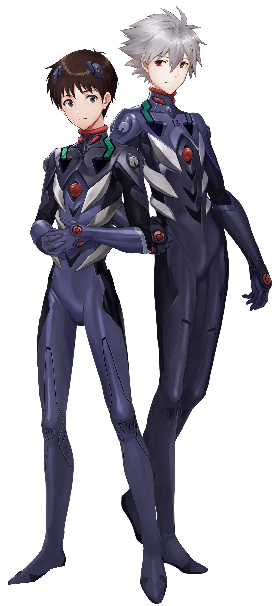2boys artist_request blue_bodysuit bodysuit brown_eyes closed_mouth collar evangelion:_3.0_you_can_(not)_redo final_gear grey_hair hair_ornament hairpods ikari_shinji interface_headset interlocked_fingers knees legs legs_apart legs_together long_sleeves looking_at_viewer looking_to_the_side multicolored_bodysuit multicolored_clothes multiple_boys nagisa_kaworu neon_genesis_evangelion official_art own_hands_together pilot_suit rebuild_of_evangelion red_collar short_hair skin_tight smile standing third-party_source transparent_background two-tone_sleeves