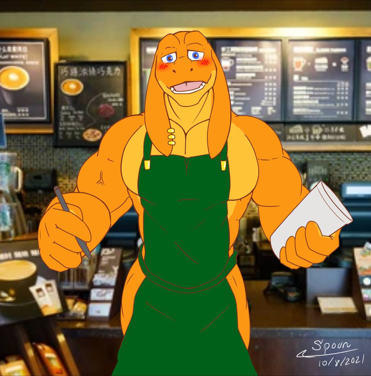 anthro apron apron_only bangaa barista biceps blue_eyes blush blush_stickers cafe clothing container cup final_fantasy hi_res i_mean_breast_milk locke_(spoongod) male meme mostly_nude muscular muscular_male open_mouth orange_body pecs pen photo_background piercing signature solo spoongod square_enix teeth tongue vein video_games