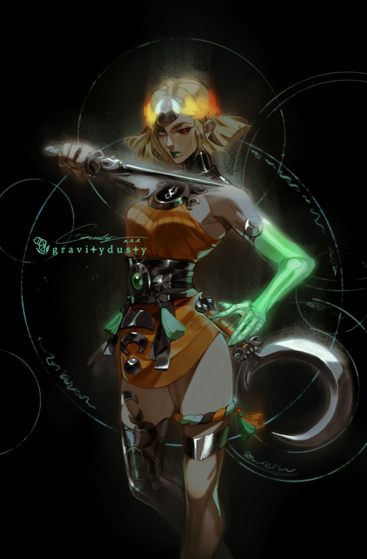 1girl ancient_greek_clothes armor asymmetrical_arms black_sclera bone colored_sclera dress glowing_arm gravitydusty greco-roman_clothes green_lips hades_(series) hades_2 highres holding_sickle laurel_crown melinoe_(hades) mismatched_sclera orange_dress red_eyes see-through_body sickle skeletal_arm sword weapon