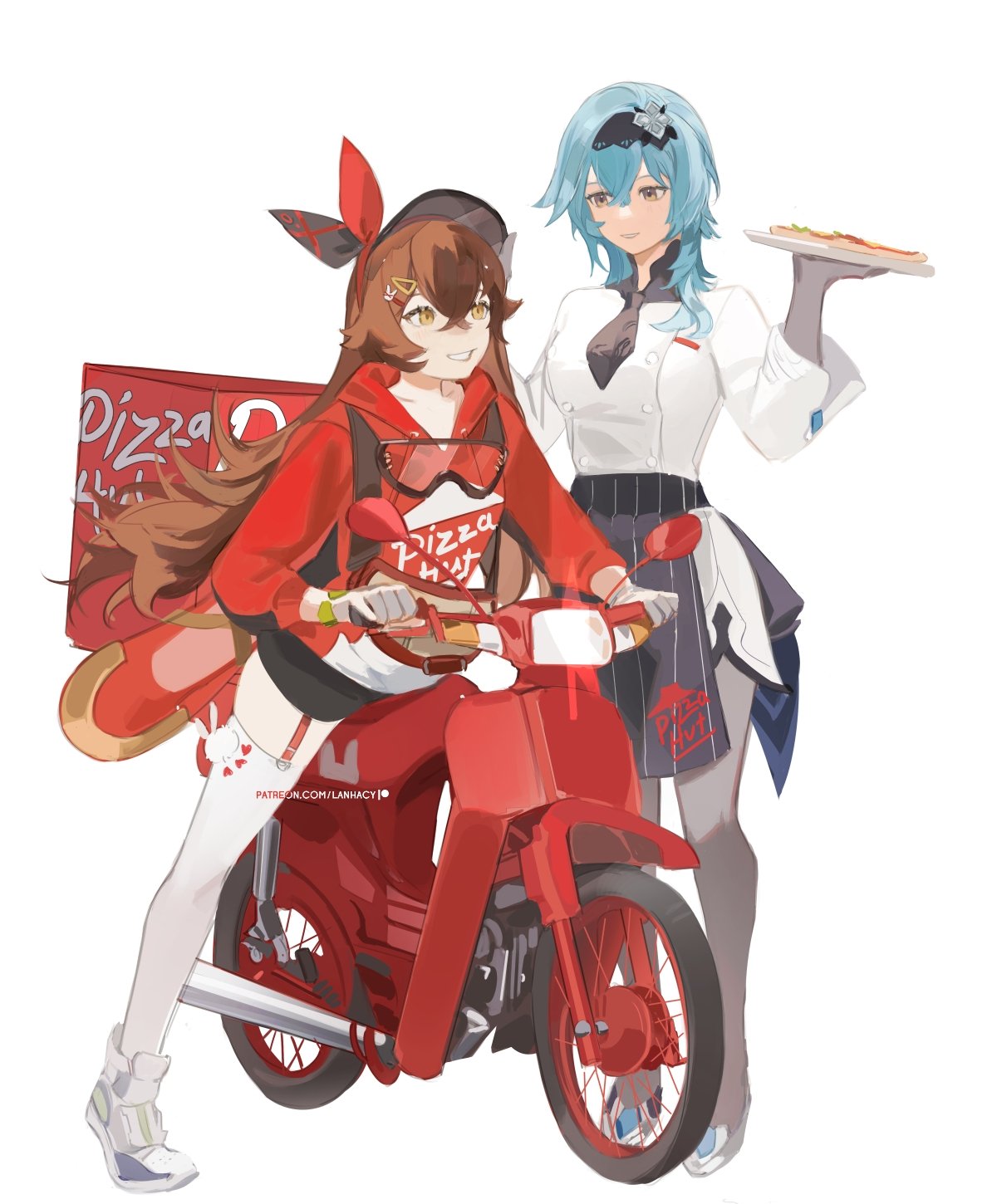 2girls amber_(genshin_impact) apron bangs black_necktie blue_hair blush breasts chef chef_uniform crossed_bangs drawstring english_commentary eula_(genshin_impact) food food_delivery_box genshin_impact gloves goggles goggles_around_neck ground_vehicle hair_ornament hair_over_shoulder hairclip highres hood hood_down hoodie lanhacy large_breasts long_hair long_sleeves looking_at_viewer motor_vehicle motorcycle multiple_girls necktie pizza pizza_delivery pizza_hut purple_eyes red_hoodie standing waist_apron white_gloves