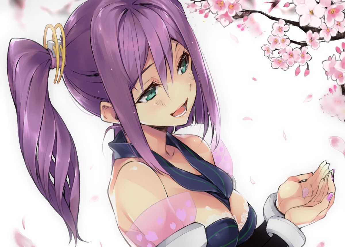 1girl :d aqua_eyes bangle bracelet branch cherry_blossoms flower from_side hario_4 holding holding_petal jewelry lace_trim lower_teeth nail_polish nijisanji petals purple_hair purple_nails sakura_ritsuki side_ponytail smile solo teeth