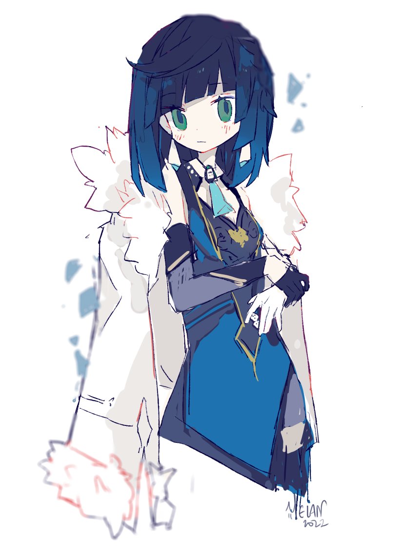 1girl :| artist_name asymmetrical_gloves bangs bare_shoulders black_thighhighs blue_dress blue_hair blunt_bangs blunt_ends blush bob_cut closed_mouth commentary cropped_legs diagonal_bangs dice dot_nose dress english_commentary fur-trimmed_jacket fur_trim genshin_impact green_eyes hand_on_own_wrist holding_dice jacket jacket_on_shoulders looking_at_viewer melanbread pelvic_curtain short_hair signature sketch solo thighhighs white_background white_jacket yelan_(genshin_impact)