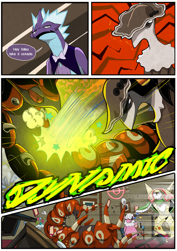 anthro attack bag black_body blue_body blue_clothing breloom brown_body brown_eyes charles_(grimart) clothing comic english_text eyes_closed feral flaaffy flying fur generation_1_pokemon generation_2_pokemon generation_3_pokemon generation_5_pokemon generation_8_pokemon grey_body grimart group hitting horn markings multicolored_horn neck_tuft nintendo pikachu pink_body pink_fur pokemon pokemon_(species) purple_body red_body red_sclera scolipede text toxtricity tuft two_tone_horn video_games white_body white_clothing white_fur yellow_body