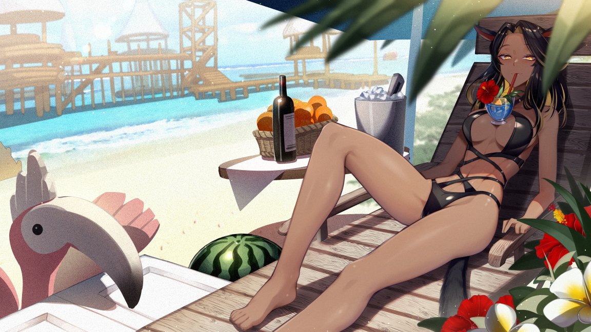 1girl avatar_(ff14) beach black_hair bottle breasts breasts_apart chair cluseller colored_inner_hair cup dark-skinned_female dark_skin day drinking drinking_glass drinking_straw drinking_straw_in_mouth final_fantasy final_fantasy_xiv food fruit ice_bucket long_hair looking_at_viewer lounge_chair lying medium_breasts multicolored_hair on_back one-piece_swimsuit orange_(fruit) orange_eyes outdoors slit_pupils solo swimsuit tropical_drink watermelon