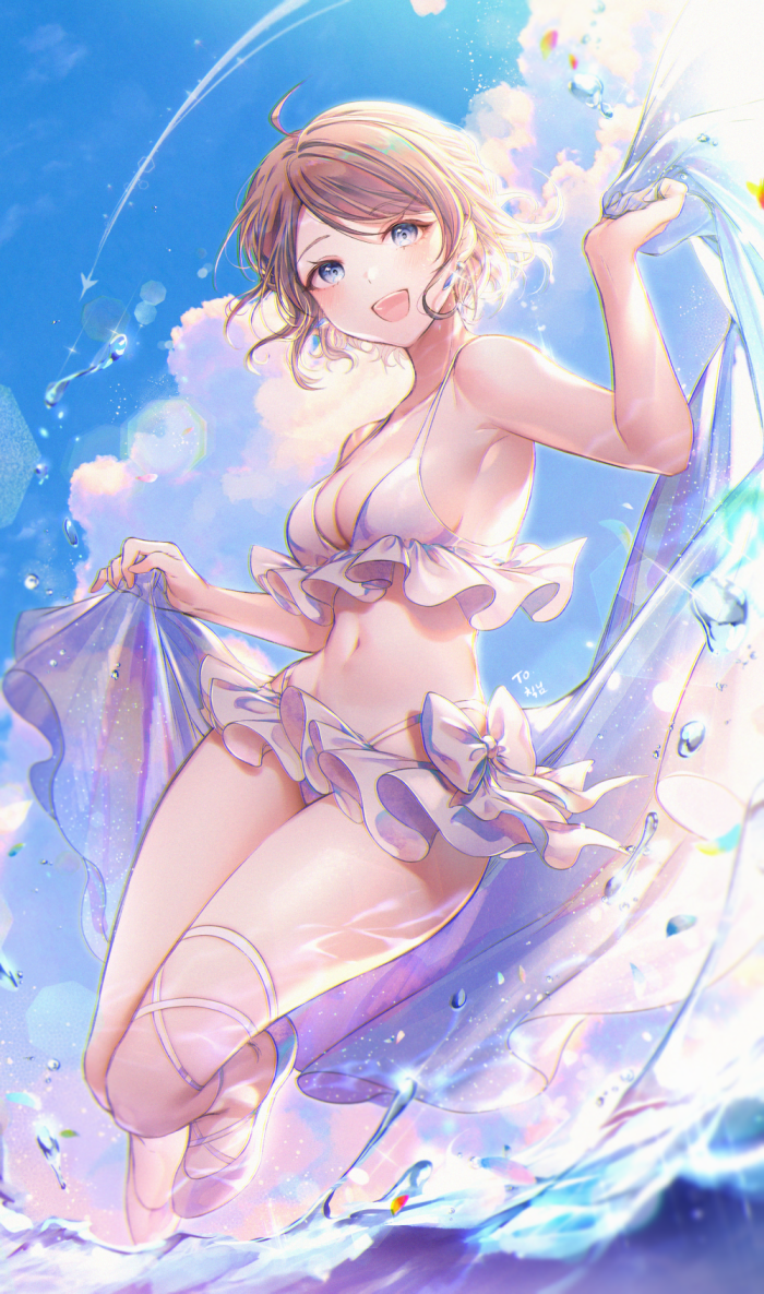 1girl :d arm_up bangs bare_shoulders bikini blue_eyes blue_sky brown_hair cloud cloudy_sky commentary day english_commentary frilled_bikini frills looking_at_viewer love_live! love_live!_sunshine!! navel outdoors ozzingo shoes sky smile solo standing standing_on_one_leg swept_bangs swimsuit watanabe_you water water_drop white_bikini white_footwear