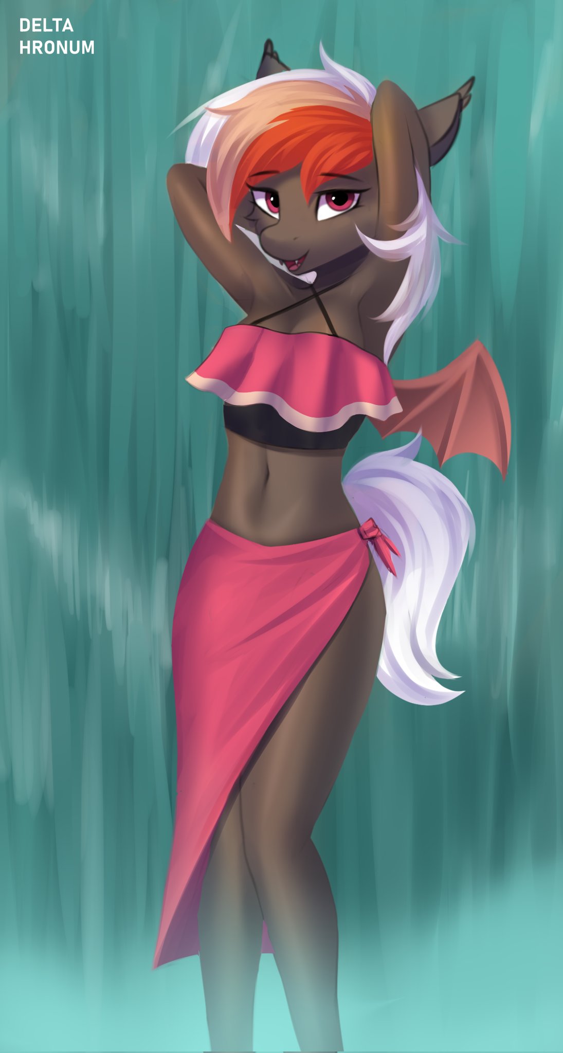 anthro bat_pony bat_wings breasts brown_body brown_fur clothing delta_hronum digital_media_(artwork) dress ear_tuft equid eyebrows fan_character fangs female fur hair hasbro hi_res looking_at_viewer mammal membrane_(anatomy) membranous_wings multicolored_hair my_little_pony navel open_mouth open_smile red_eyes signature smile solo standing tan_hair tuft water waterfall white_hair white_tail wings