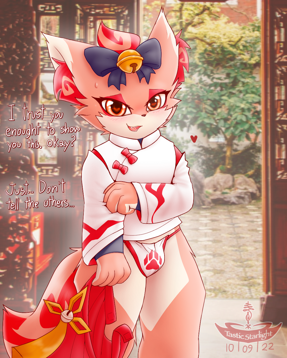 accessory anthro asian_clothing bell blush bow_(feature) bow_accessory bow_ribbon briefs bulge canid canine chinese_clothing clothed clothing confession dialogue east_asian_clothing fox girly gunfire_reborn hair hi_res li_(gunfire_reborn) looking_at_viewer male mammal open_mouth shaded smile solo tasticstarlight text underwear video_games