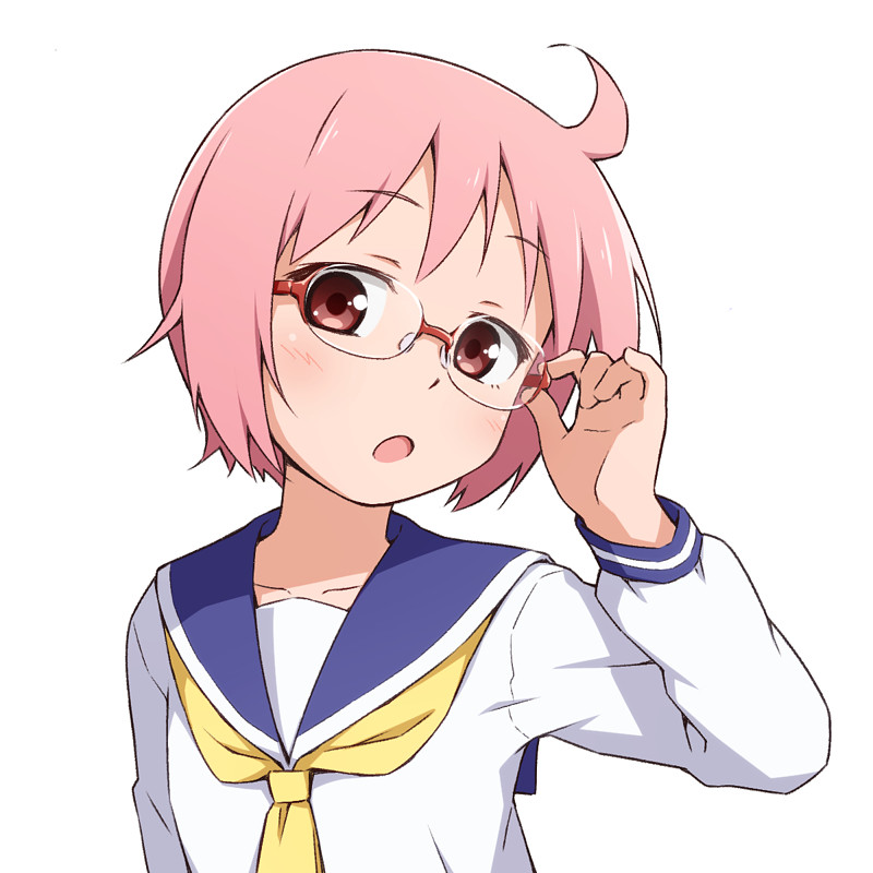 1girl adjusting_eyewear ahoge bangs bespectacled blue_sailor_collar blush collarbone commentary glasses hand_up long_sleeves looking_at_viewer mashita_(candy_apricot) neckerchief nonohara_yuzuko open_mouth pink_eyes pink_hair sailor_collar school_uniform serafuku shirt short_hair simple_background solo upper_body white_background white_shirt yellow_neckerchief yuyushiki yuyushiki's_school_uniform