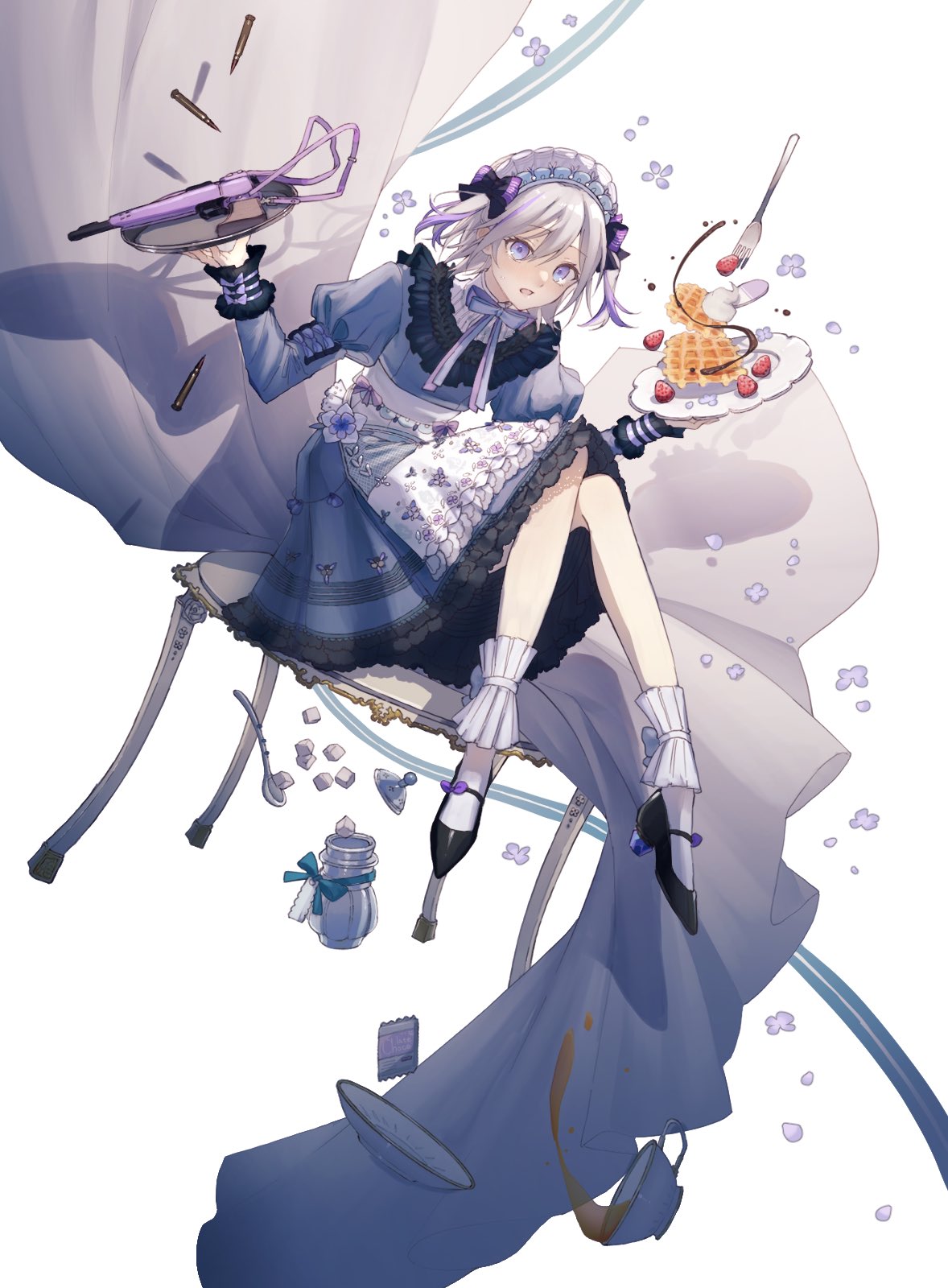 1girl apron bullet commentary_request contender_(flowerful_maid)_(girls'_frontline) contender_(girls'_frontline) cup food fork frilled_socks frills fruit girls'_frontline gun handgun high_heels highres holding holding_tray maid maid_apron maid_headdress official_alternate_costume plate rabb_horn saucer socks solo spoon strawberry sugar_cube tea teacup thompson/center_contender tray waffle weapon whipped_cream