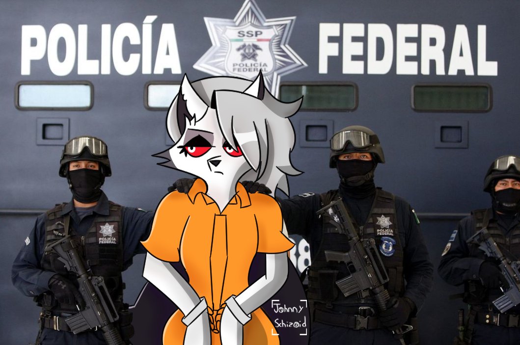 2022 anthro arrest canid canid_demon clothing cuff_(restraint) demon female group handcuffs hellhound helluva_boss human johnnyschizoid jumpsuit loona_(helluva_boss) loona_in_mexico mammal meme metal_cuffs mixed_media orange_jumpsuit photo_background police prison_jumpsuit red_sclera restraints