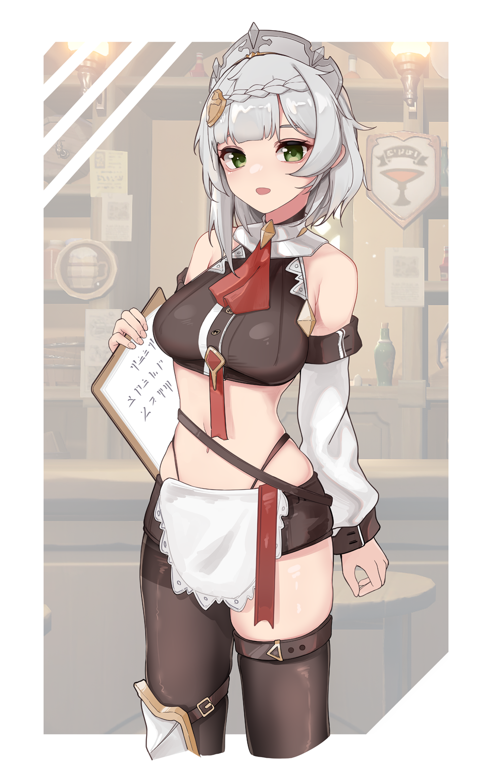 1girl alternate_costume apron ascot bangs bare_shoulders black_pantyhose braid breasts crop_top genshin_impact green_eyes grey_hair highres holding indoors inniyik large_breasts looking_at_viewer midriff navel noelle_(genshin_impact) open_mouth pantyhose red_ascot short_hair single_leg_pantyhose single_thighhigh solo standing stomach thighhighs translation_request waist_apron white_apron