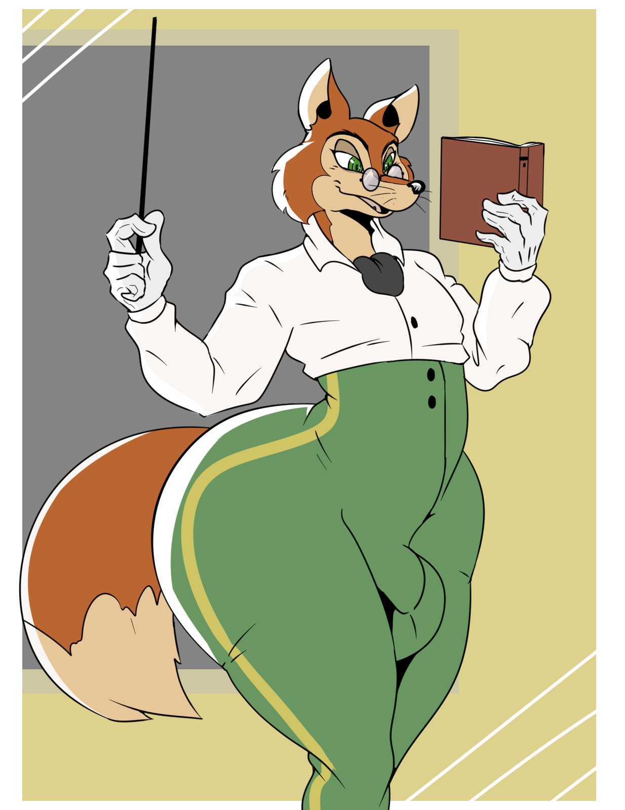 "honest"_john_foulfellow 2022 a-side anthro ascot book bottomwear bulge canid canine clothed clothing disney eyewear fangs fox fur glasses gloves green_eyes handwear hi_res holding_book holding_object holding_stick looking_at_book looking_at_object male mammal open_mouth pants pinocchio shirt solo standing stick tongue topwear whiskers