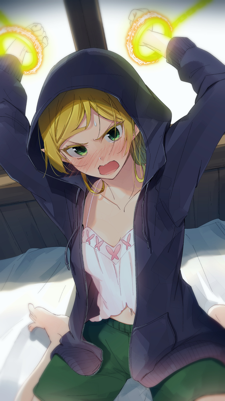 1girl arms_up bangs banned_artist barefoot black_jacket blonde_hair blush bound bound_wrists collarbone commentary_request eyelashes green_eyes green_shorts highres hood hood_up hooded_jacket indoors isekai_ojisan jacket long_hair looking_at_viewer mirai_(macharge) navel open_clothes open_jacket open_mouth restrained shirt shorts sitting solo sui_(isekai_ojisan) sweatdrop white_shirt