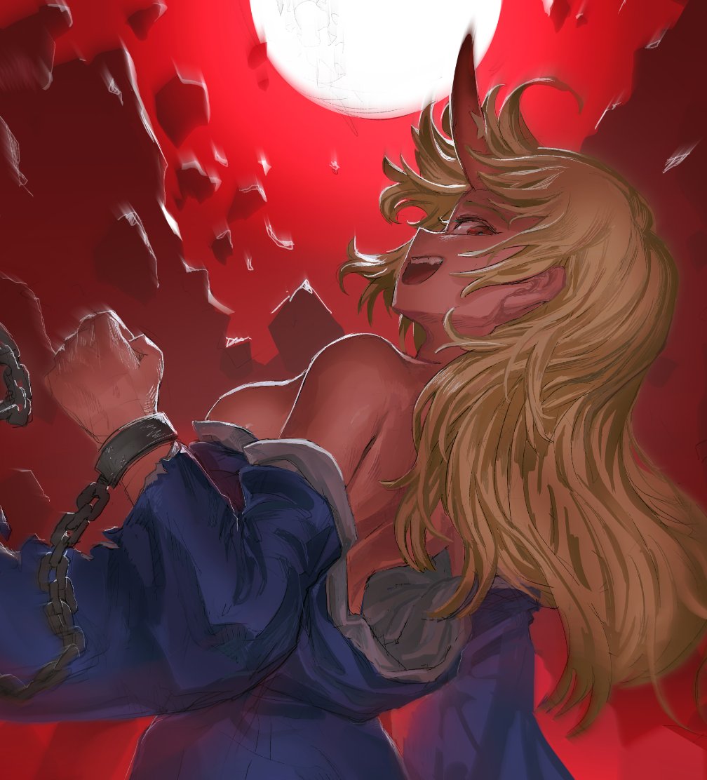 1girl bare_shoulders blonde_hair blue_kimono breasts chain cuffs hakonnbo horns hoshiguma_yuugi hoshiguma_yuugi_(promo) japanese_clothes kimono large_breasts long_hair looking_at_viewer looking_back off_shoulder official_alternate_costume open_mouth pointy_ears red_background red_eyes red_horns single_horn smile solo star_(symbol) touhou