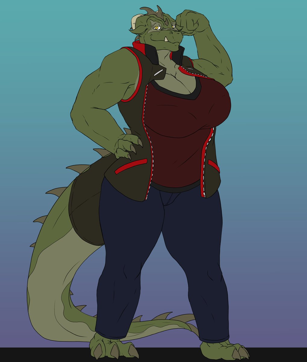anthro breasts clothed clothing dragon fangs female green_body hi_res hornless looking_at_viewer mature_female multicolored_body muscular muscular_anthro muscular_female simple_background smile solo thick_thighs tolerain two_tone_body valyrie_(tolerain) wide_hips yellow_eyes