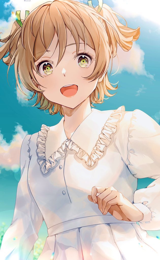 1girl :d arm_at_side bangs blonde_hair blue_sky buttons cloud commentary daiba_nana day dress fingernails flower frilled_dress frilled_shirt_collar frills green_eyes green_ribbon hair_between_eyes hair_ribbon hand_up light_particles long_sleeves looking_at_viewer nijiko_(c2cs4q) open_mouth outdoors puffy_long_sleeves puffy_sleeves ribbon short_hair short_twintails shoujo_kageki_revue_starlight sky smile solo standing symbol-only_commentary teeth twintails twitter_username upper_body upper_teeth white_dress white_flower yellow_flower