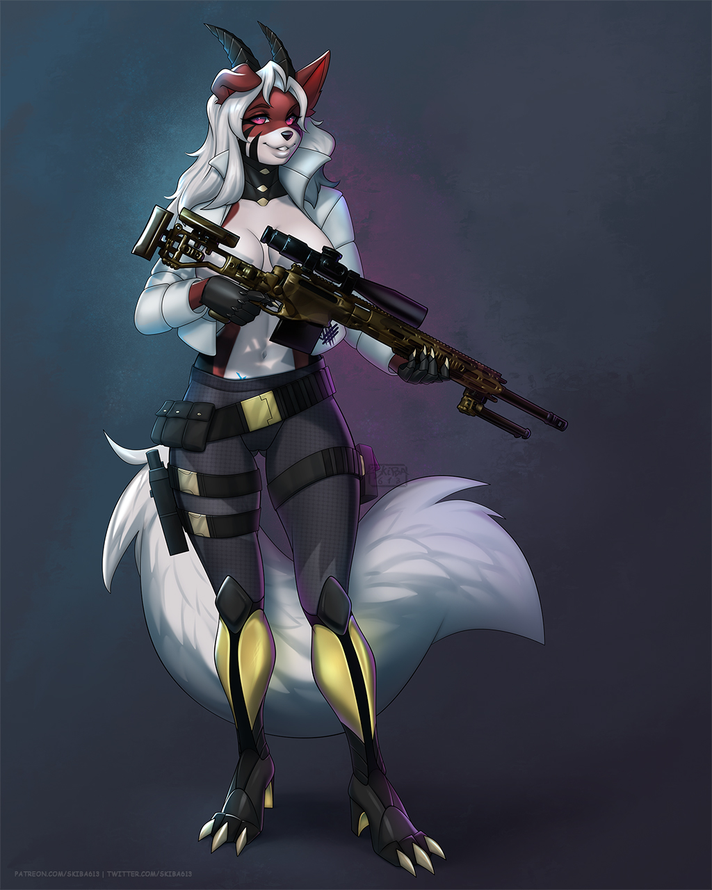 2022 anthro black_nose breasts clothed clothing digital_media_(artwork) eyebrows eyelashes feet female fingers gun hair hi_res holding_gun holding_object holding_weapon horn pink_eyes ranged_weapon skiba613 smile solo standing toes weapon white_hair