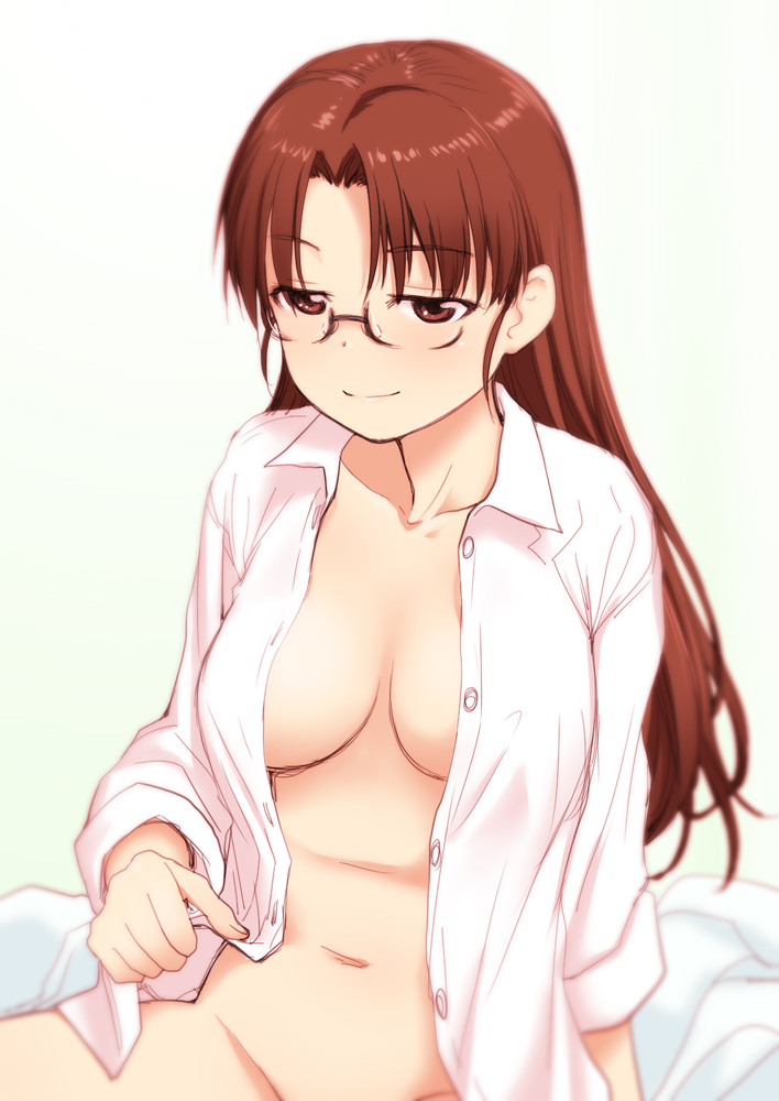 1girl breasts brown_eyes brown_hair glasses hoshina_tomoko large_breasts long_hair naked_shirt open_clothes open_shirt sakaki_imasato shirt sitting smile solo to_heart