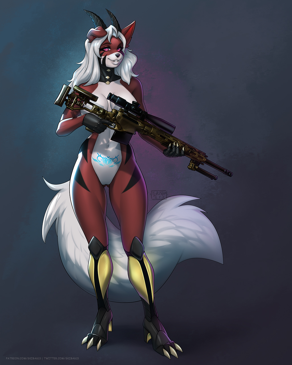 2022 anthro black_nose breasts digital_media_(artwork) eyebrows eyelashes feet female fingers genitals gun hair hi_res holding_gun holding_object holding_weapon horn nude pink_eyes pussy ranged_weapon skiba613 smile solo standing toes weapon white_hair