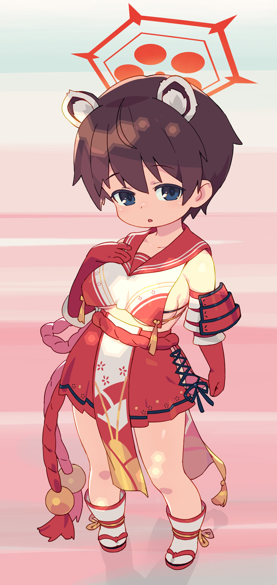 1girl animal_ears bangs bare_shoulders black_eyes black_hair blue_archive cross-laced_clothes elbow_gloves gloves halo hands_on_own_chest highres miniskirt om_(nk2007) raccoon_ears red_gloves red_sailor_collar red_skirt rope_belt sailor_collar short_hair sideless_outfit simple_background skirt solo standing tsubaki_(blue_archive)