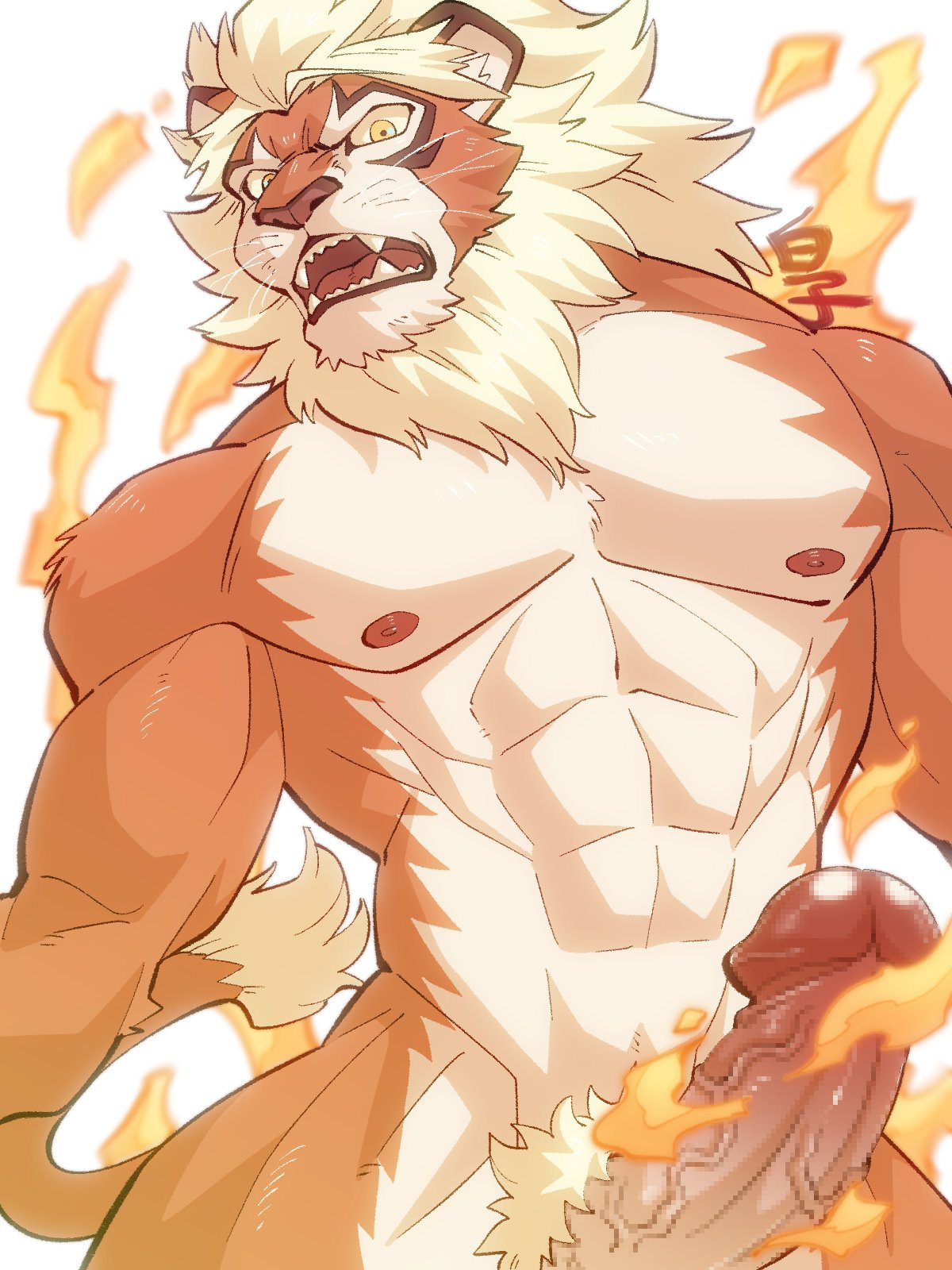 anthro blonde_hair erection fire genitals hair hi_res hybrid japanese_text looking_angry magnos_(world_flipper) male nude pecs penis shirako solo tail_tuft text tuft world_flipper